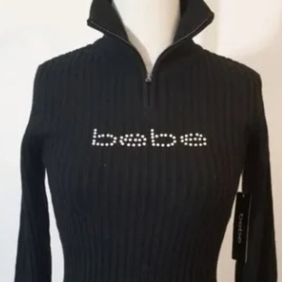 M🖤Bebe Knit Sweater Black Ribbed Mock Neck Beaded Logo Retro Y2K 90s - Picture 3 of 11
